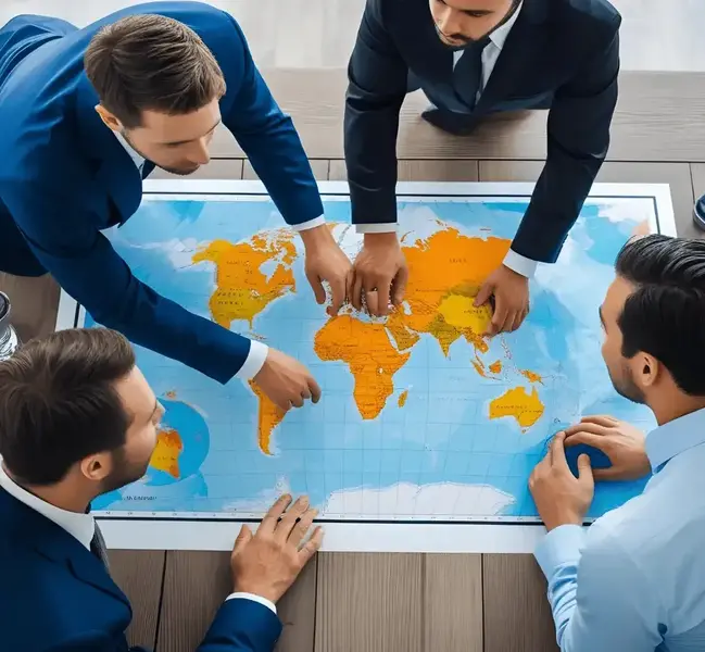 Business professionals strategizing global expansion with a world map, focusing on entering the Indian market