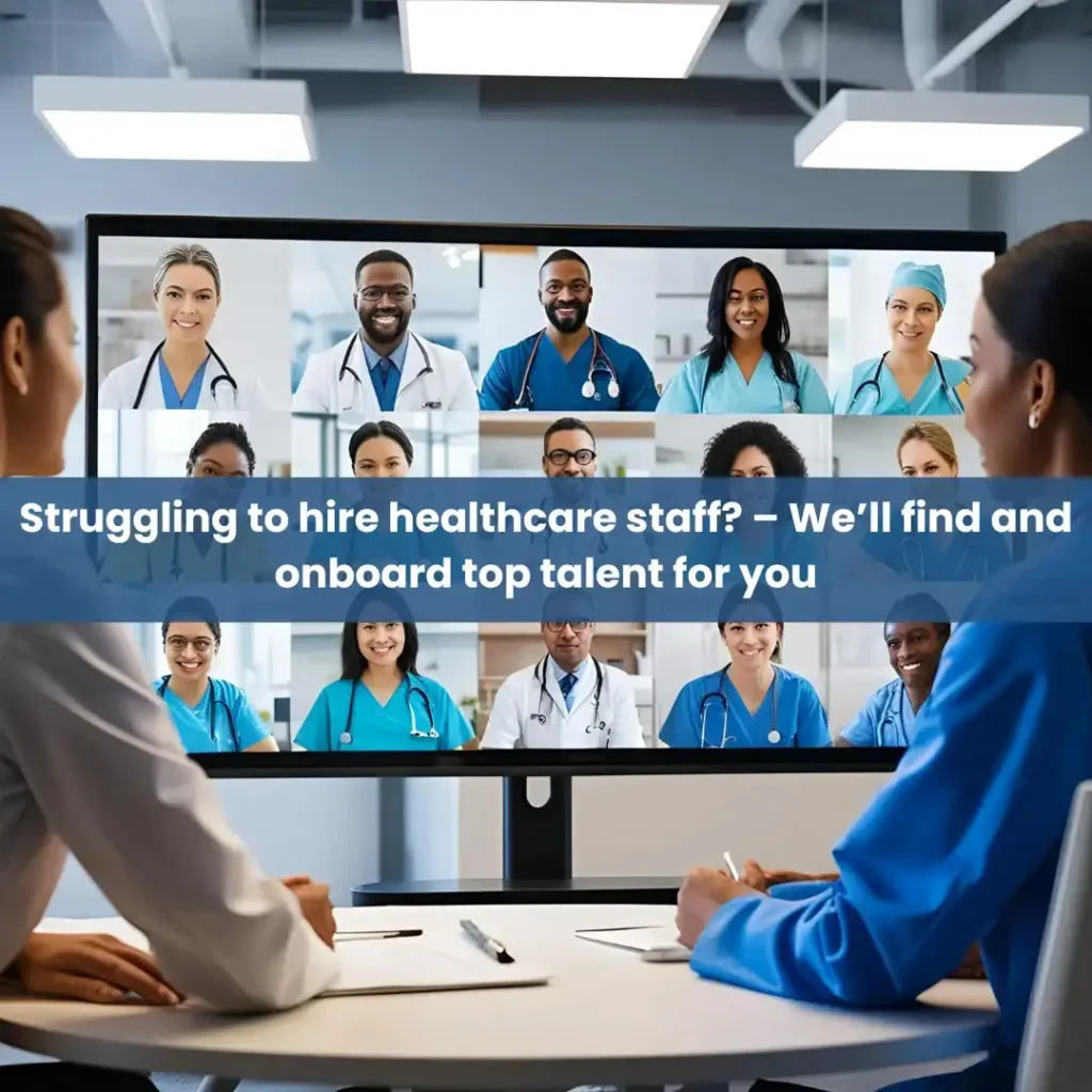 Virtual meeting with diverse healthcare professionals, representing seamless global hiring solutions