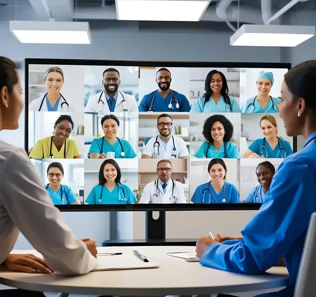 Virtual meeting with diverse healthcare professionals, representing seamless global hiring solutions