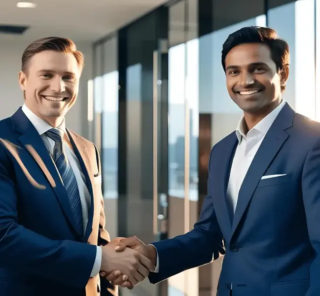 Two business professionals shaking hands in a modern office, symbolizing trustworthy partnerships and successful collaborations